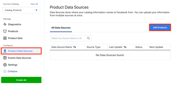 Bruk Facebook Event Setup Tool, trinn 22, menyalternativ for å legge til produkter via kategorien produktdatakilder på Facebook