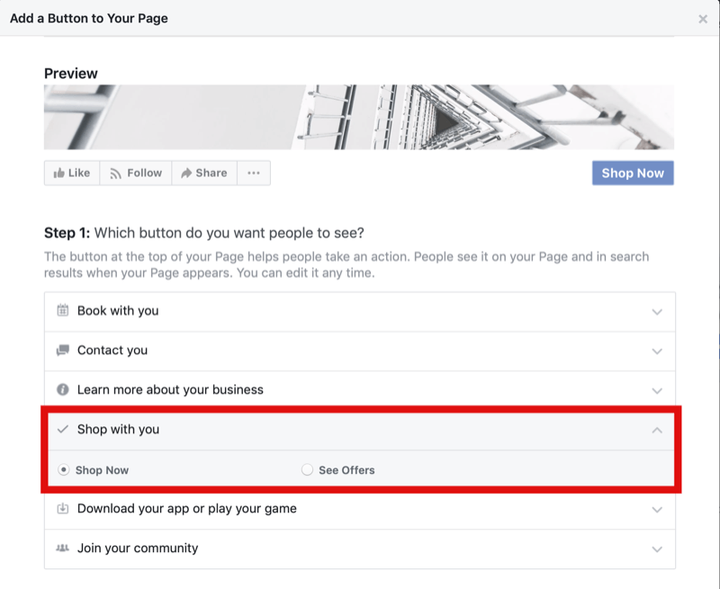 trinn 1 for hvordan du legger til Shop Now-knappen til Facebook-siden for Instagram Shopping