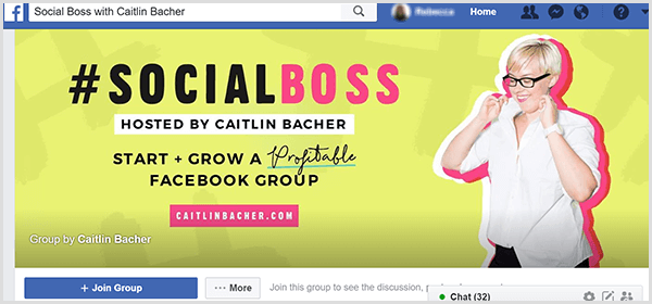 Facebook-omslagsbildet for Social Boss som Caitlin Bacher arrangerer, har gul bakgrunn, rosa aksenter på teksten og et bilde av Caitlin som trekker opp skjortekragen.
