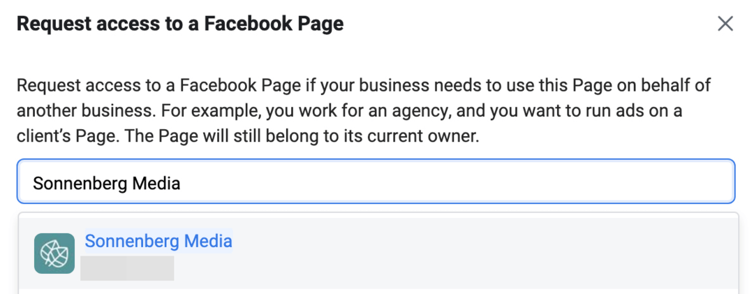 bilde av Be om tilgang til en Facebook-side-skjerm i Meta Business Manager