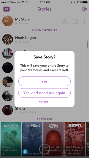 Trykk på Ja for å lagre Snapchat-historien din.
