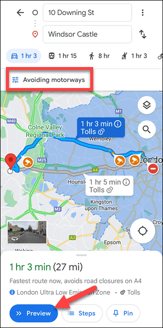 Google Maps mobilrute uten motorveier