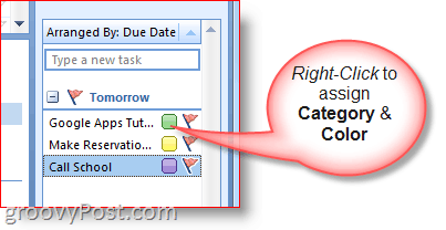 Gjøremålslinjen for Outlook 2007 - Høyreklikk oppgave for å velge farger og kategori