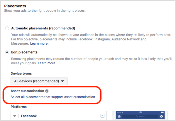 Facebook tilpasningsverktøy for plassering av eiendeler