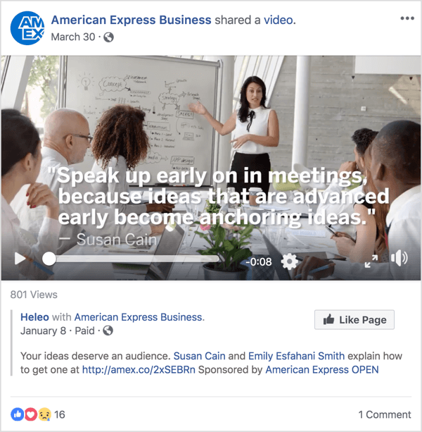 Denne Facebook-annonsen for American Express Business har Susan Cain, en kjent leder- og ledelsesekspert som oppnådde berømmelse med en nylig TED Talk.