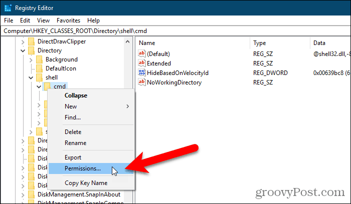 Velg Tillatelser for en nøkkel i Windows Register Editor