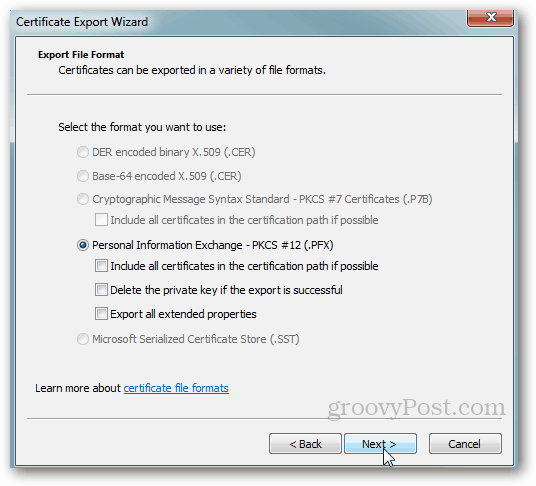 Windows-sertifikateksport - Godta standardverdier