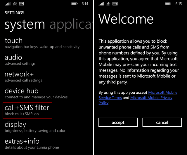 Blokker uønskede telefonsamtaler og SMS på Windows Phone 8.1