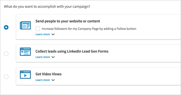 Velg kampanjemål for LinkedIn-videoannonsekampanjen.