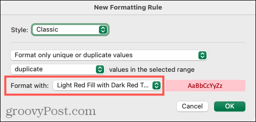 Velg Formatering for duplikater i Excel på Mac