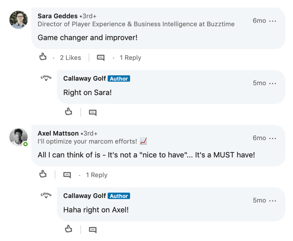 LinkedIn-medlemskommentarer for Callaway Golf-innlegget