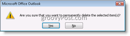 Outlook-bekreftelsesboks for å permanent slette et e-postelement 