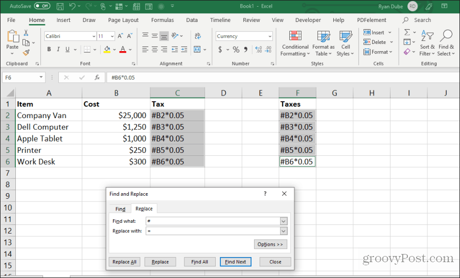 søk og erstatt formel i Excel