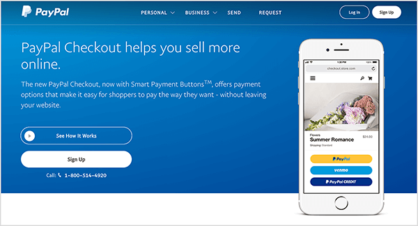 Dette er et skjermbilde av nettsiden til PayPal Checkout-tjenesten. Den har en blå bakgrunn og hvit tekst. En overskrift sier "PayPal Checkout hjelper deg med å selge mer på nettet." To knapper vises under overskriften: en blå merket Se hvordan det Fungerer og en hvit merket Registrer deg. Til høyre er et bilde av en smarttelefon med PayPal Checkout-funksjonen på en mobil nettsted.