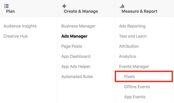 Bruk Facebook Event Setup Tool, trinn 1, Pixels menyalternativ i Facebook Ads Manager