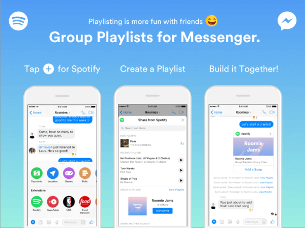 Spotify utvidet funksjonaliteten i sin Messenger-bot slik at grupper kan bygge spillelister direkte fra Messenger-appen.