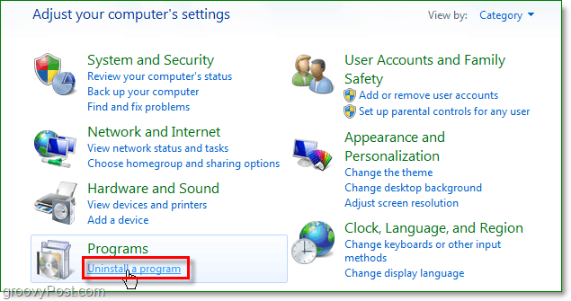 Klikk på avinstaller et program for å fortsette å fjerne dvs. fra Windows 7