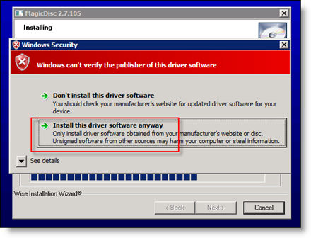 Godta driverinstallasjon av MagicISO på Server 2008