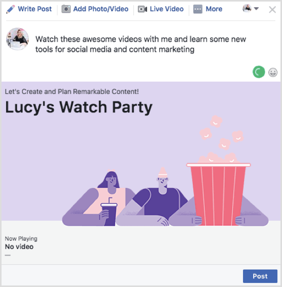Klikk på Innlegg for å publisere innlegget ditt på Facebook Watch Party.