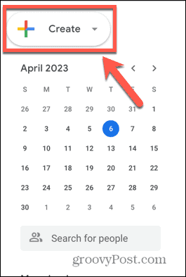 Skjermbilde for Google Kalender opprette knapp
