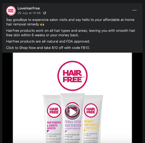 facebook innlegg av lovehairfree og merker hårfjerningsproduktene sine ved å sammenligne dem med dyre salongbesøk