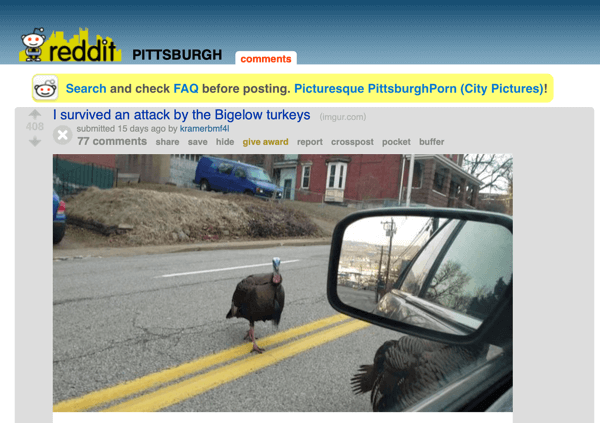 Hvordan markedsføre virksomheten din på Reddit, eksempel på innlegg fra subreddit r / Pittsburgh