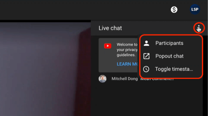 youtube live chat menyalternativer inkludert visning av deltakere og popping chatten for bedre visning og moderering