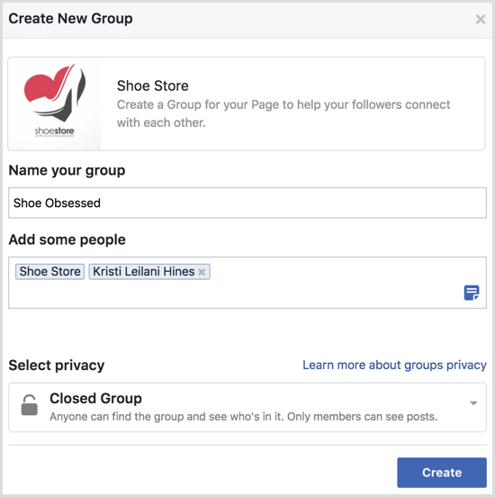 Facebook lage gruppe med side