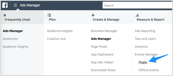 Få tilgang til Facebook-piksel via Ads Manager.