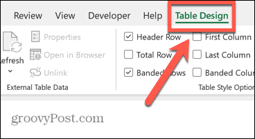 excel borddesignmeny