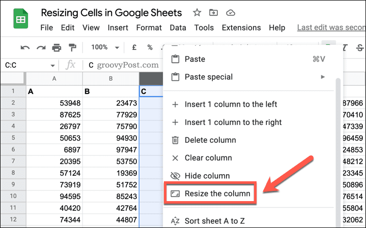Alternativet for å endre størrelse på en kolonne i Google Sheets