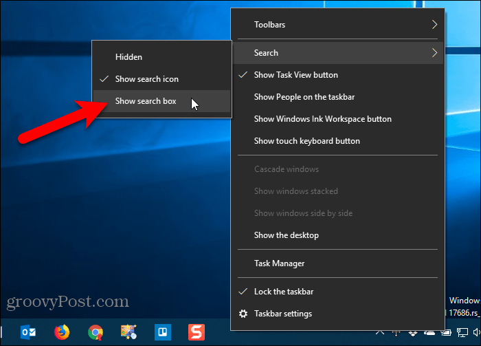 Vis søkeboks Innstilling for oppgavelinje i Windows 10