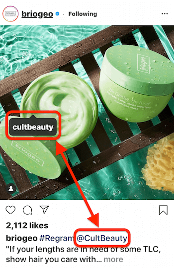 instagram innlegg av @briogeo som viser et innlegg tag og bildetekst @mention for @cultbeauty, hvem produkt vises i bildet