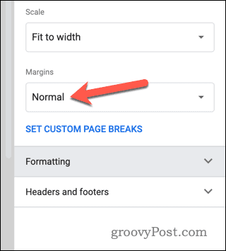 Angi marginnstillinger i forhåndsvisning av Google Sheets