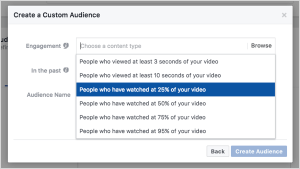 Facebook tilpasset publikum basert på 25% videovisninger.