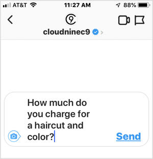 Eksempel på ofte stilte spørsmål til virksomheten på Instagram.