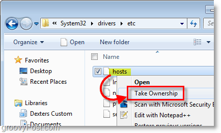 Windows 7-skjermbilde - bruk høyreklikk-kontekstmenyen for å ta eierskap til filene i Windows 7