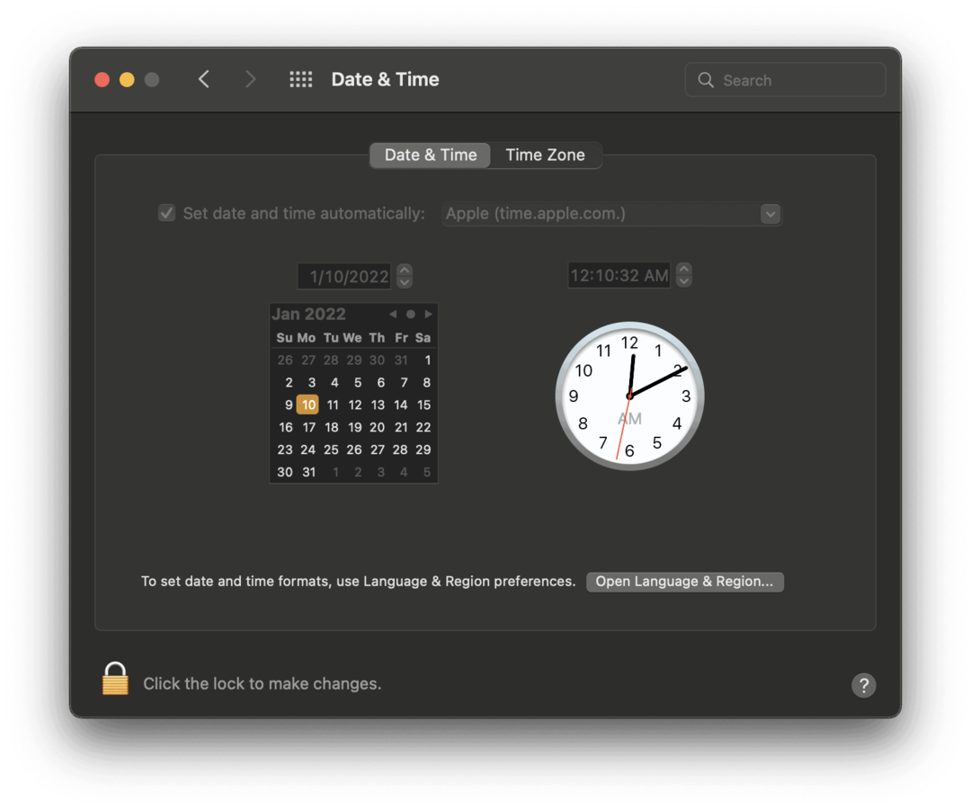 Dato og klokkeslett-skjermen i Systemvalg