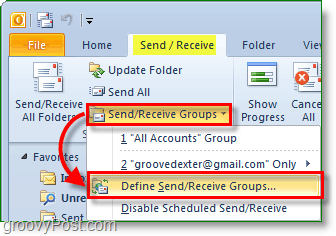 Skjermbilde av Outlook 2010 - sende og motta grupper - definere grupper
