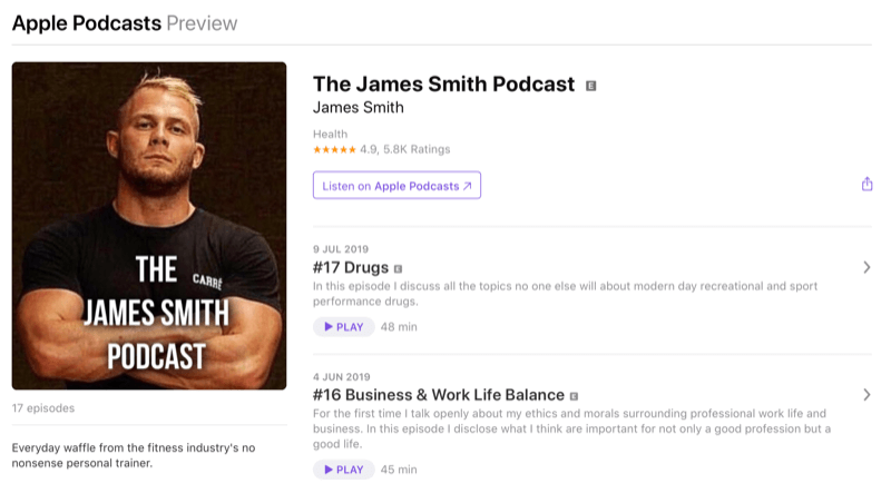 Sosiale medier markedsføringsstrategi; Skjermbilde av James Smiths podcast på Apple Podcasts. James er en kjent influencer i treningsområdet.