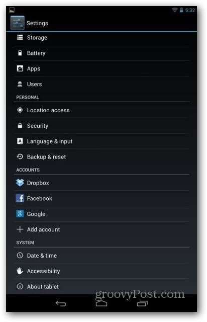 Nexus 7-brukerkontoer - bruker av innstillinger