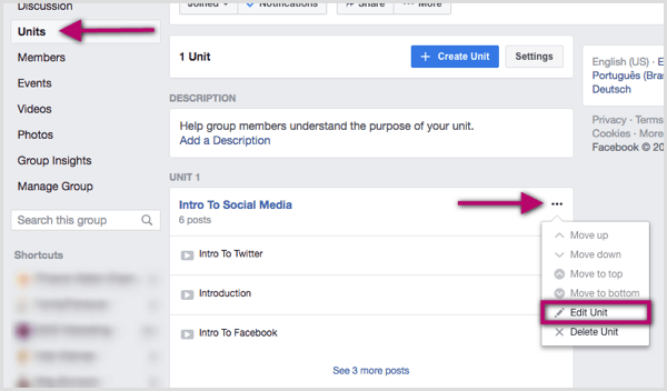 Klikk på de tre punktene til høyre for Facebook-gruppeenheten du vil redigere.