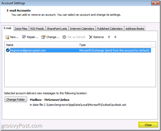 Outlook 2010 Skjermbilde lukk-knapp for å spare kontobesparelser
