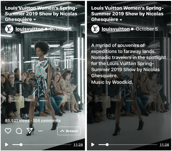 Eksempel på Louis Vuittons IGTV-show for deres kvinners vår-sommer 2019 moteshow.