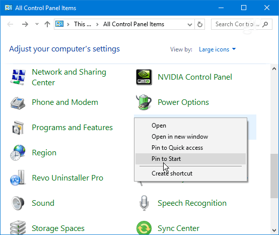 Fest kontrollpanelelement Windows 10 Start