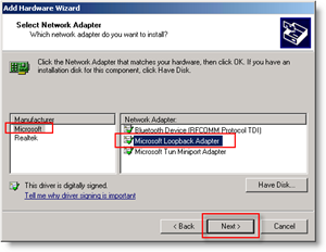 Windows Add Hardware Wizard: Legg til Loopback Network Adapter