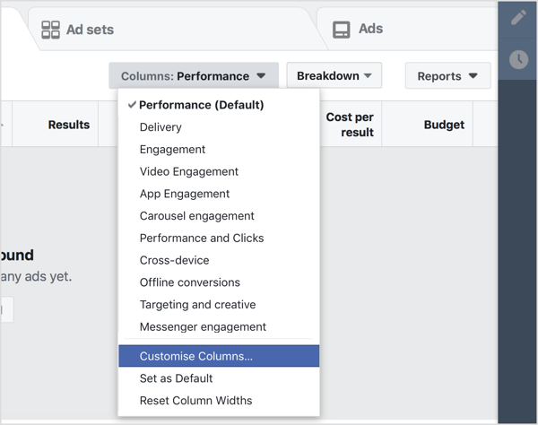 Naviger til Facebook Ads Manager-dashbordet ditt og velg Tilpass kolonner i rullegardinmenyen Kolonner.