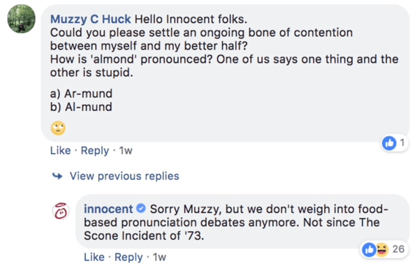 Eksempel på Innocent som svarer på et kommentarspørsmål på et Facebook-innlegg.