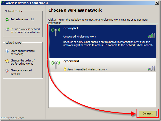 Windows XP-meny for å velge et skjermbilde for trådløst nettverk:: groovyPost.com