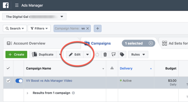 Facebook ThruPlay Optimization for redigering av kampanjer i ti sekunder, trinn 1.